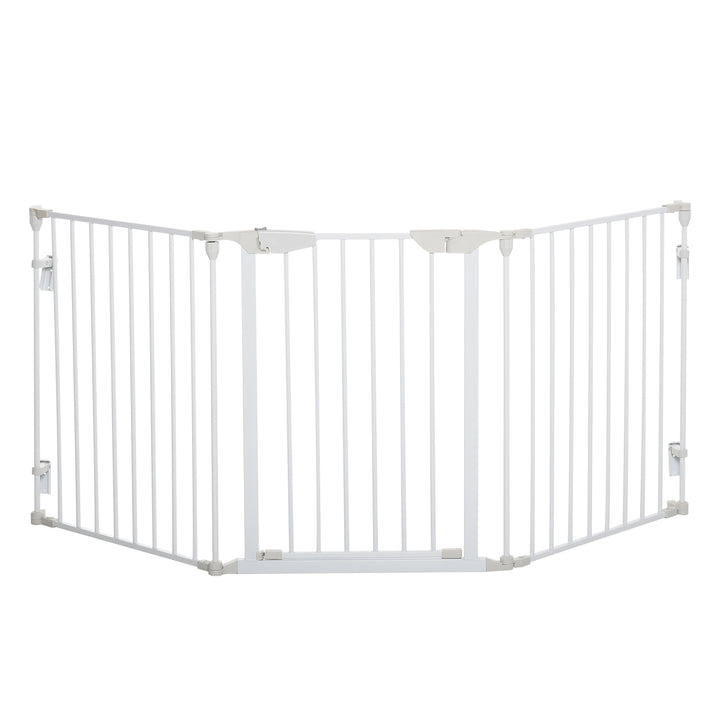 PawHut Pet Safety Gate 3-Panel Playpen Fireplace Christmas Tree Metal Fence Stair Barrier Room Divider w/Walk Through Door, White | Aosom UK