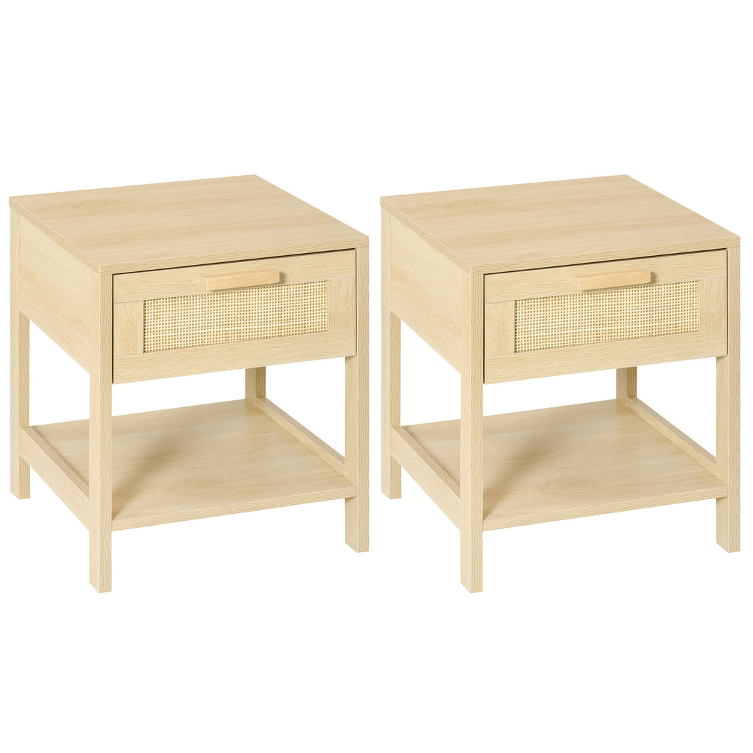 Bedside Table, Nightstand with Rattan Drawer and Storage Open Shelf, Farmhouse Side Table for Bedroom, Living Room, Set of 2