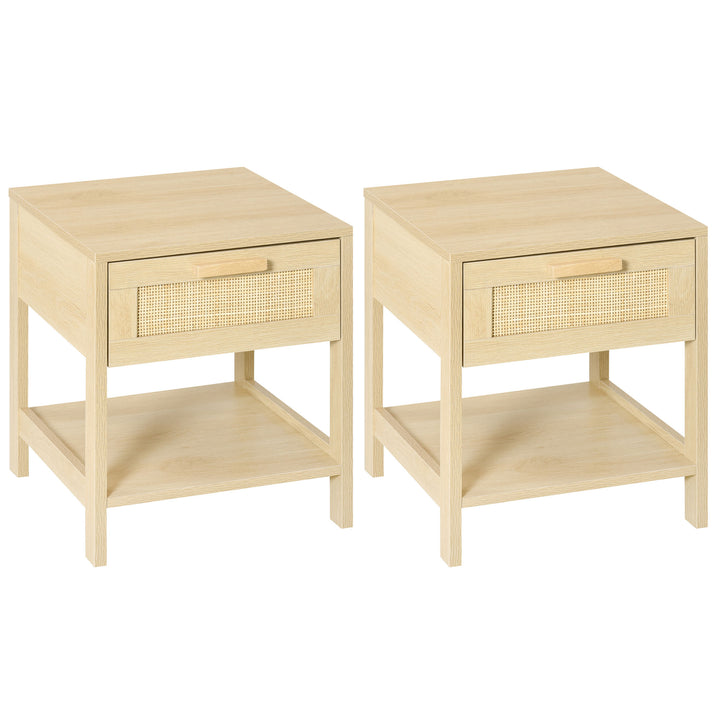 Bedside Table, Nightstand with Rattan Drawer and Storage Open Shelf, Farmhouse Side Table for Bedroom, Living Room, Set of 2