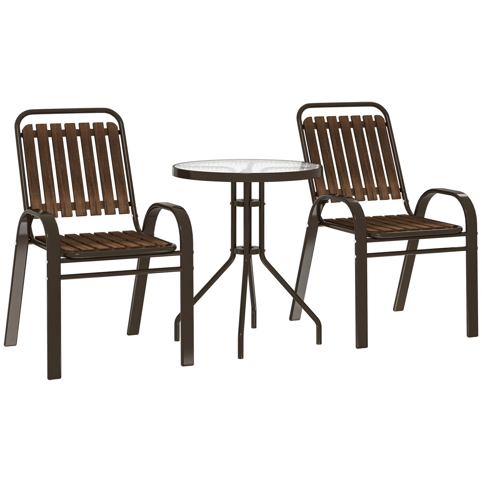 3 Pieces Patio Bistro Set with Stackable Chairs, Tempered Glass Table, for Outdoor, Balcony, Patio, Garden, Dark Brown