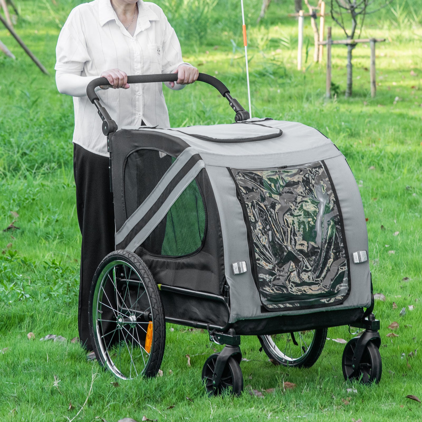 2-In-1 Pet Bike Trailer Dog Stroller Pushchair with Universal Wheel Reflector Flag Grey