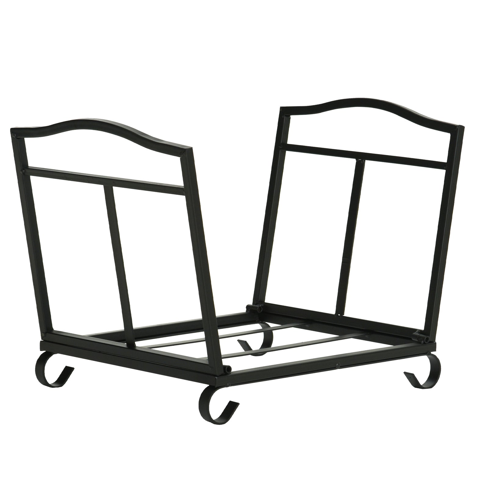 Metal Firewood Log Holder Indoor Outdoor Folding Firewood Rack Fireplace Wood Storage Shelf w/ Scrolls, Rust-Resistant, Black, 48L x 34W x 37Hcm
