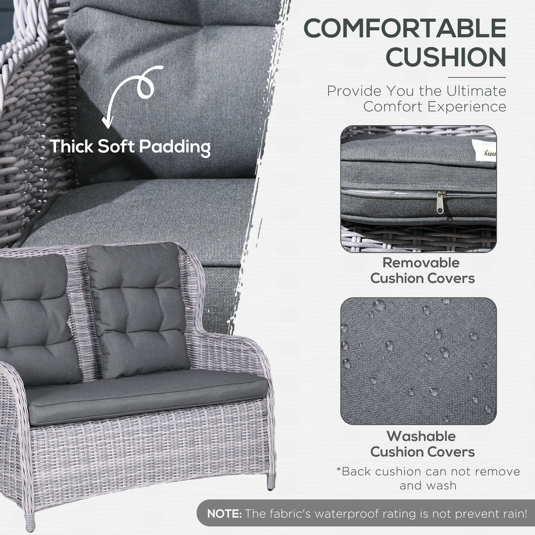 Garden PE Rattan Dining Sofa Set, Outdoor 4 Seater Wicker Furniture, High Back Chairs with Cushions, Tempered Glass Coffee Table for Patio, Mixed Grey