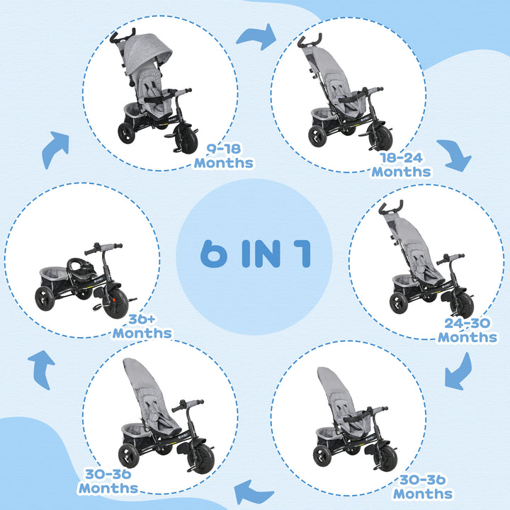 6 in 1 Kids Trike with Parent Handle, Canopy, 5-point Safety Belt, Storage, Footrest, Brake, for 1-5 Years, Grey