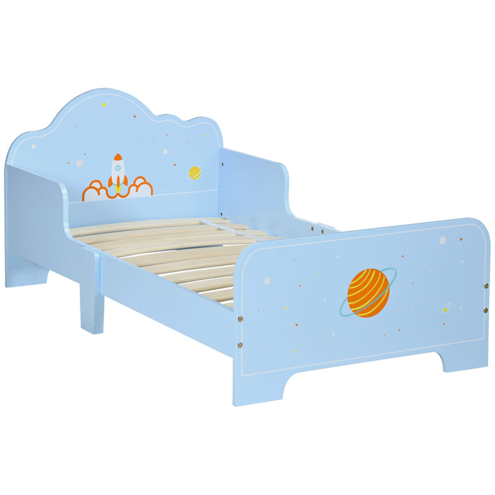 ZONEKIZ Toddler Bed with Rocket & Plants Patterns, Kids Bedroom Furniture, Safety Side Rails, Blue | Aosom UK