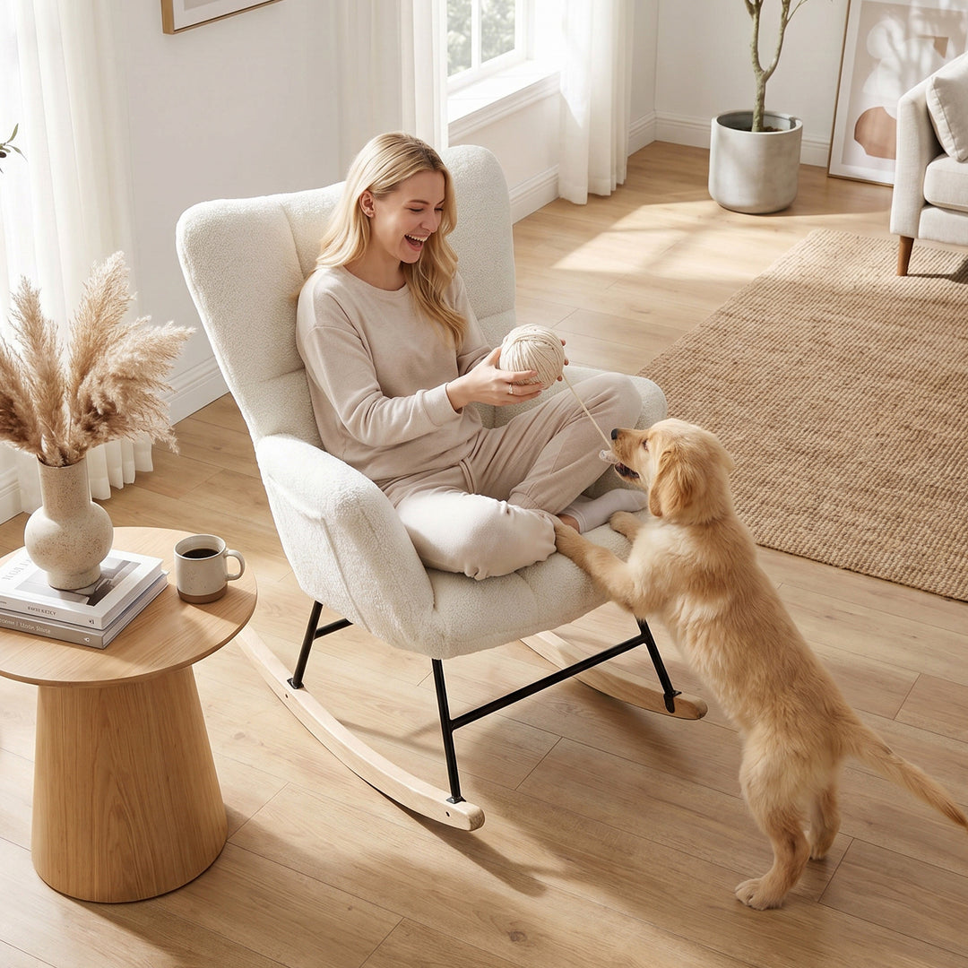 Rocking Chair, Teddy Fleece Rocker Chair with Tufted Wingback, Side Po