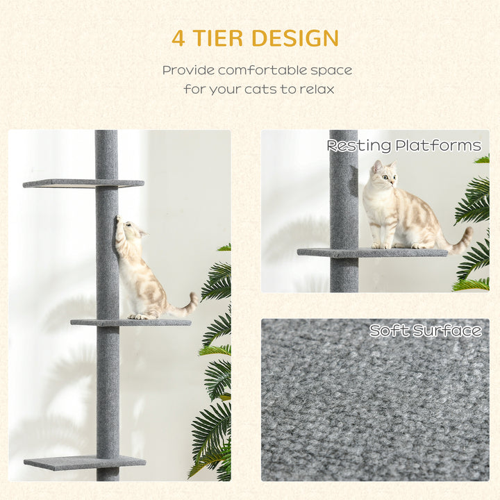 PawHut Cat Tree Tower, Floor to Ceiling with 3 Perches, Scratching Posts, Activity Centre for Kittens, Grey | Aosom UK