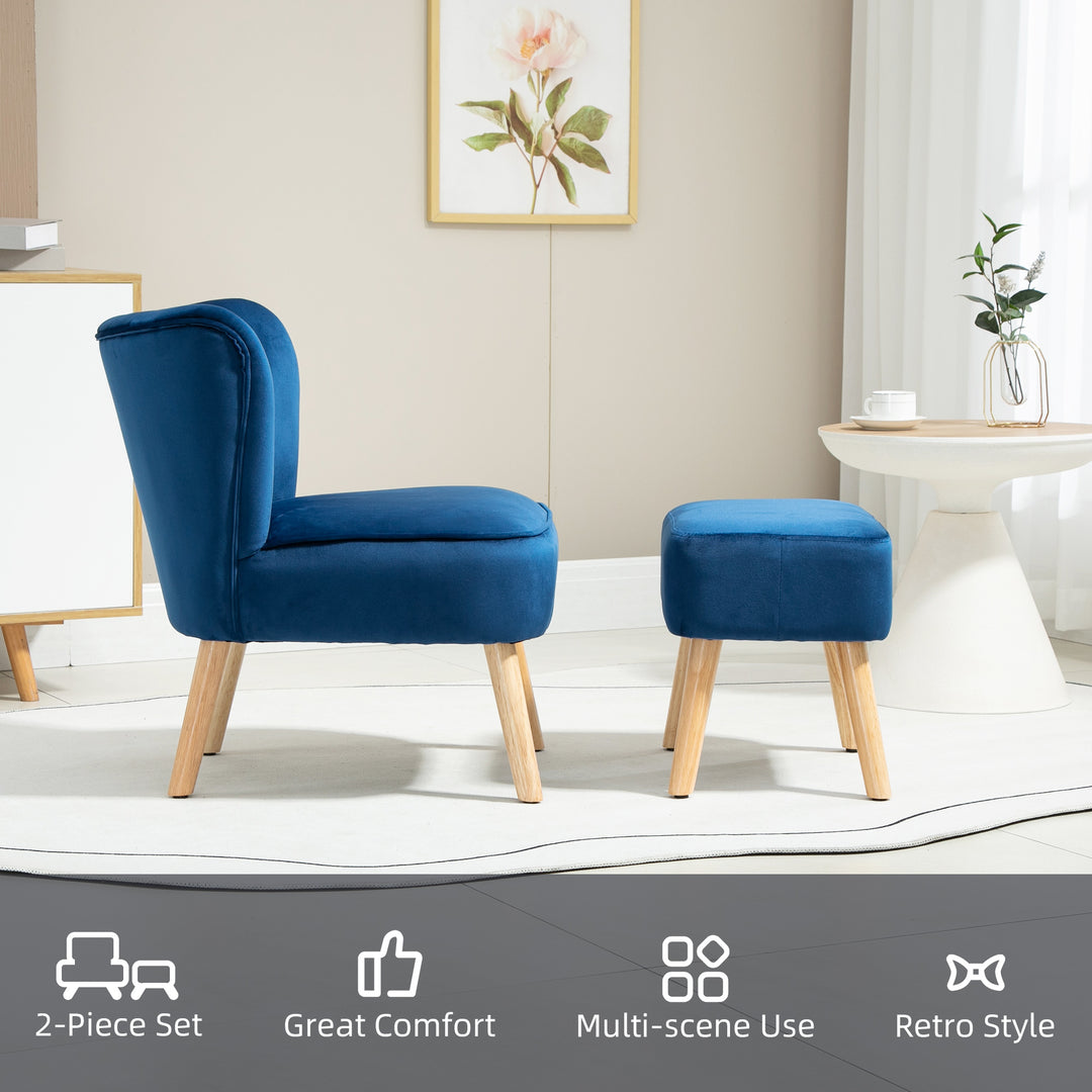 HOMCOM Velvet Accent Chair Occasional Tub Seat Padding Curved Back w/ Ottoman Wood Frame Legs Home Furniture, Dark Blue | Aosom UK