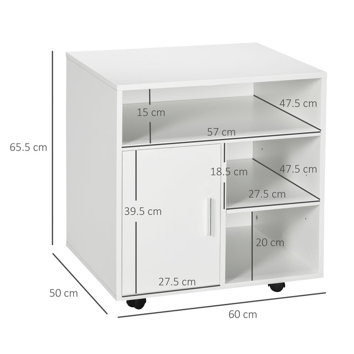 Multi-Storage Printer Stand Unit Office Desk Side Mobile Storage w/ Wheels Modern Style 60L x 50W x 65.5H cm - White
