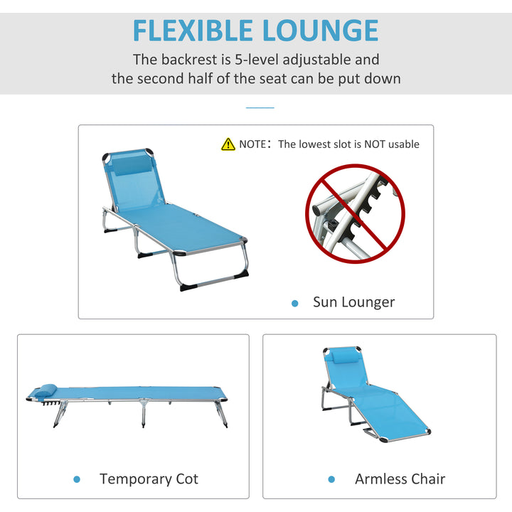 Foldable Outdoor Sun Loungers Set of 2, Reclining Lounge Chair Camping Bed Cot with Pillow 4-Level Adjustable Back Aluminium Frame, Blue