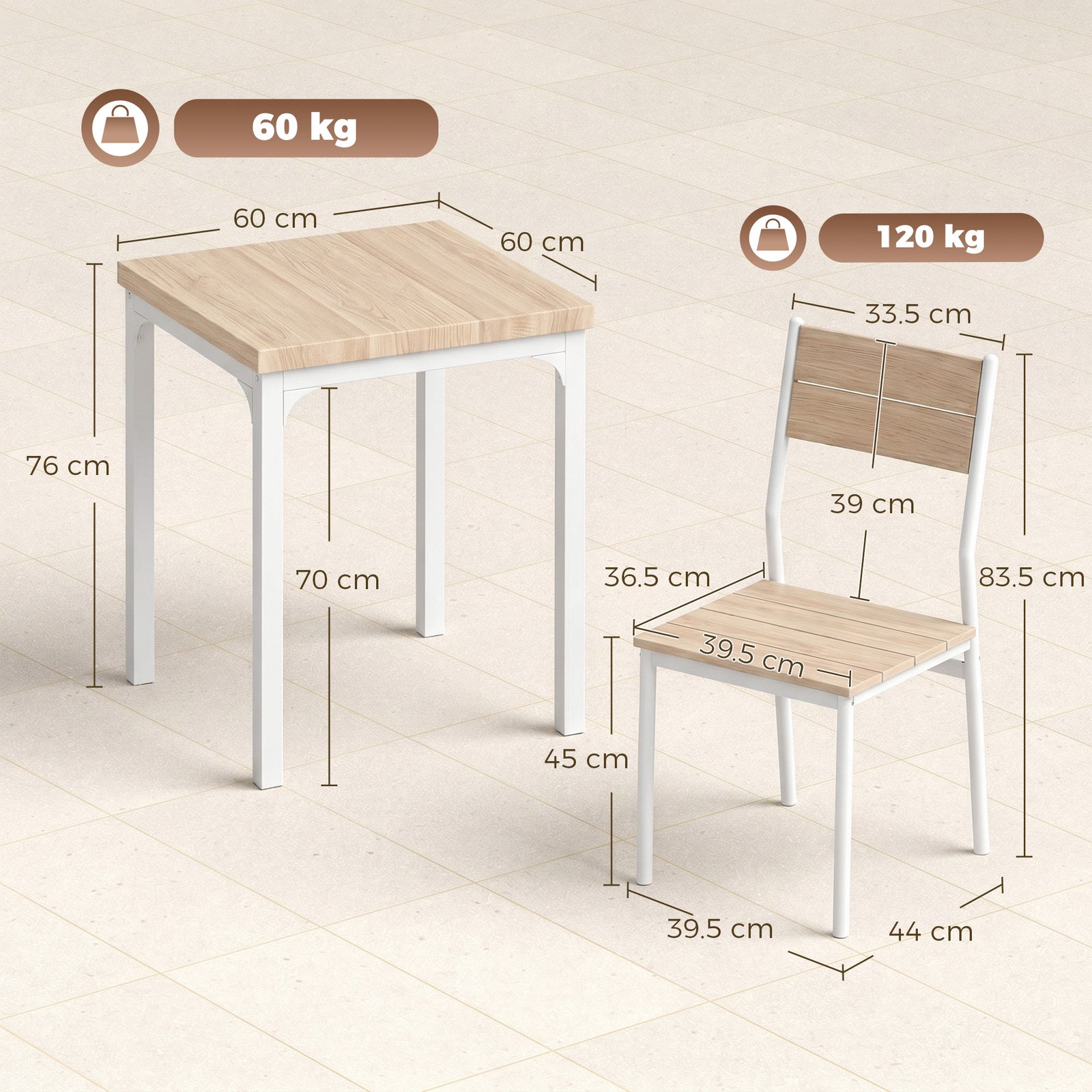 Three-Piece Minimal and Compact Dining Set, Oak Wood Effect