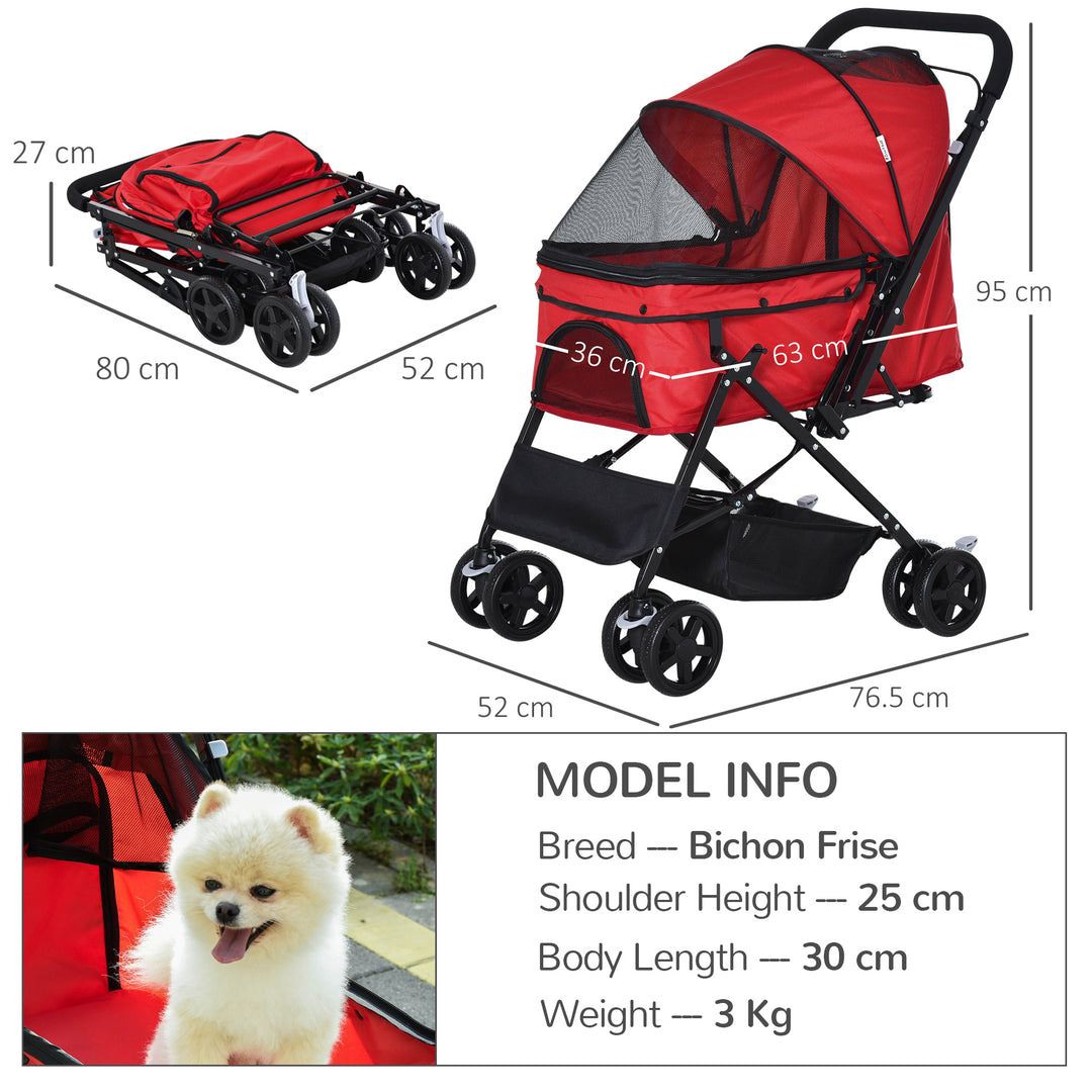 PawHut Pet Stroller Dog Travel Pushchair Foldable Jogger with Reversible Handle EVA Wheel Brake Basket Adjustable Canopy Safety Leash Red | Aosom UK