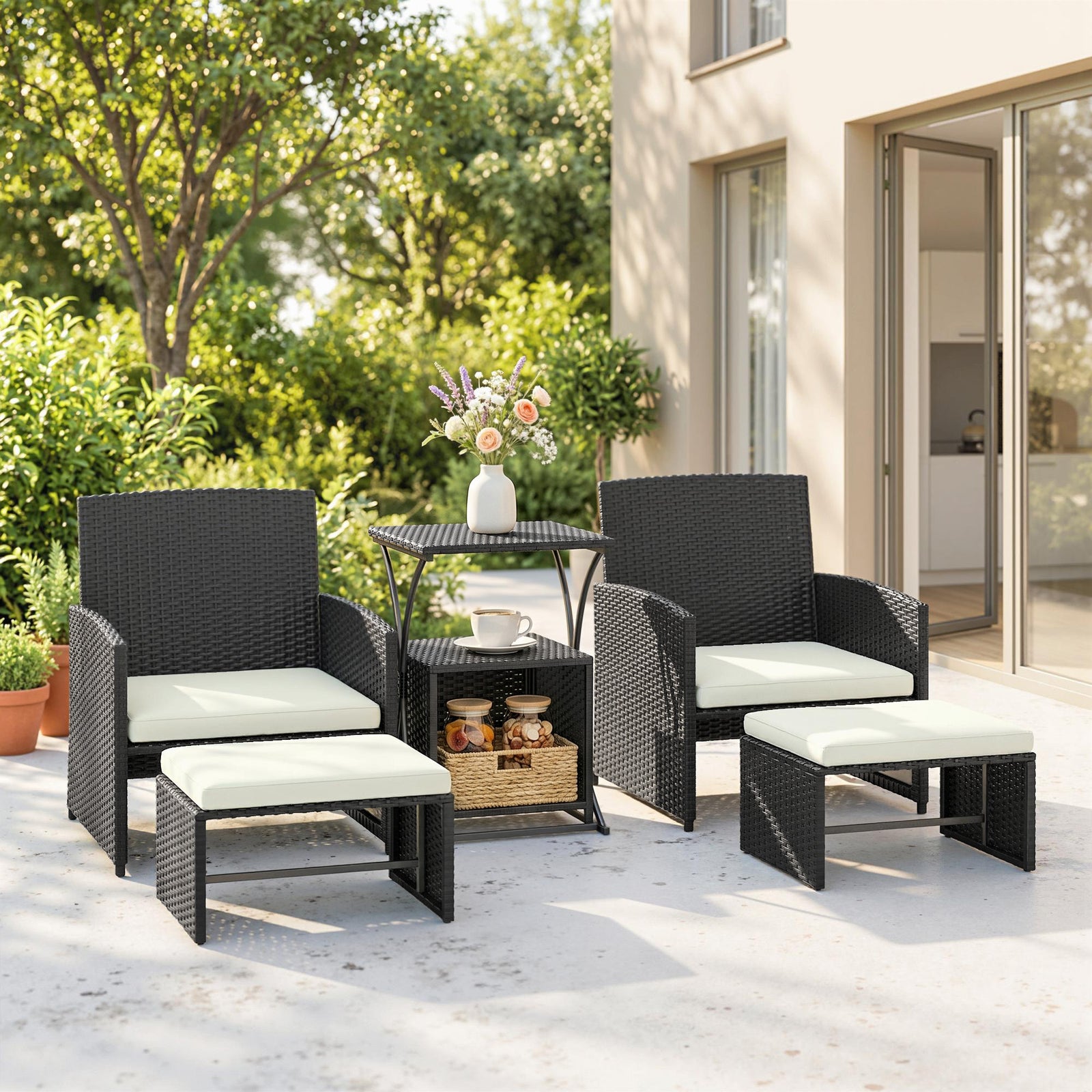 6 Piece Rattan Garden Furniture, Space-Saving Patio Furniture Set with