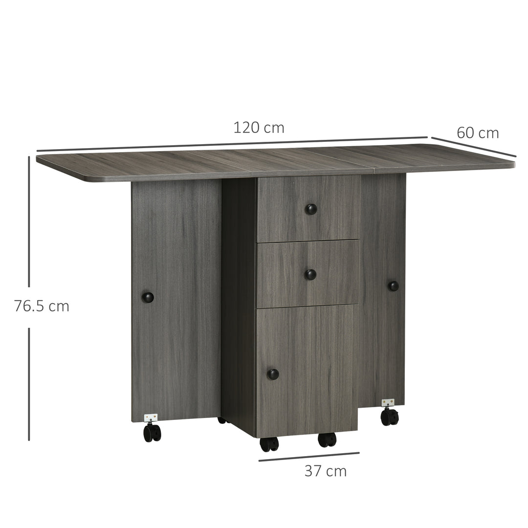 HOMCOM Folding Dining Table for 4-6, Rolling Drop Leaf Table with Storage Drawers, Cabinet and Open Shelf, Extendable Kitchen Table on Wheels, Grey