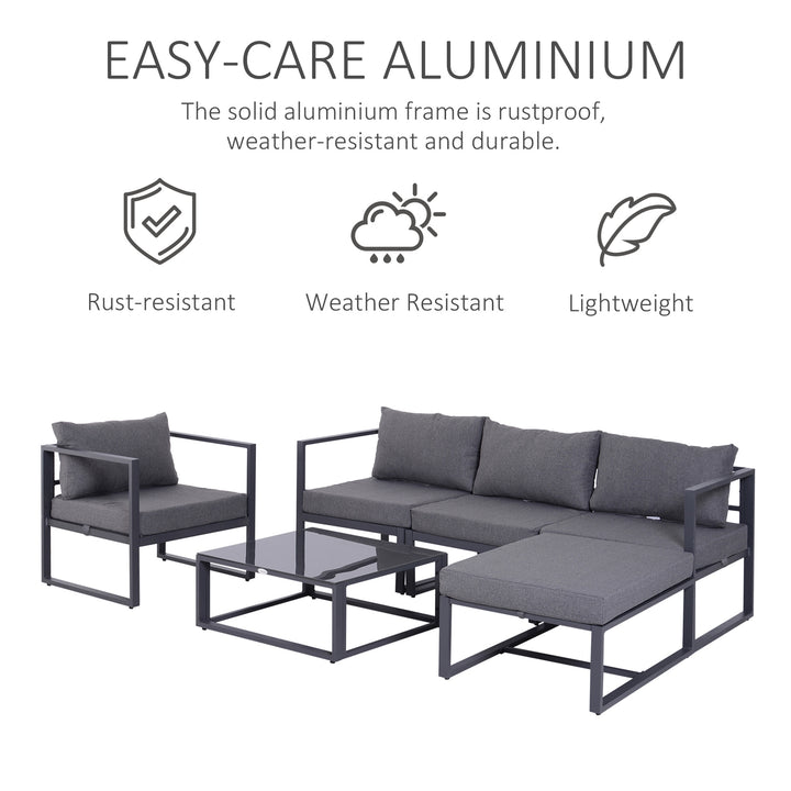 MCL 6 PCs Outdoor Indoor Sectional Sofa Set Thick Padded Cushions Aluminium Frame 5 Seaters 1 Coffee Table Footrest Grey