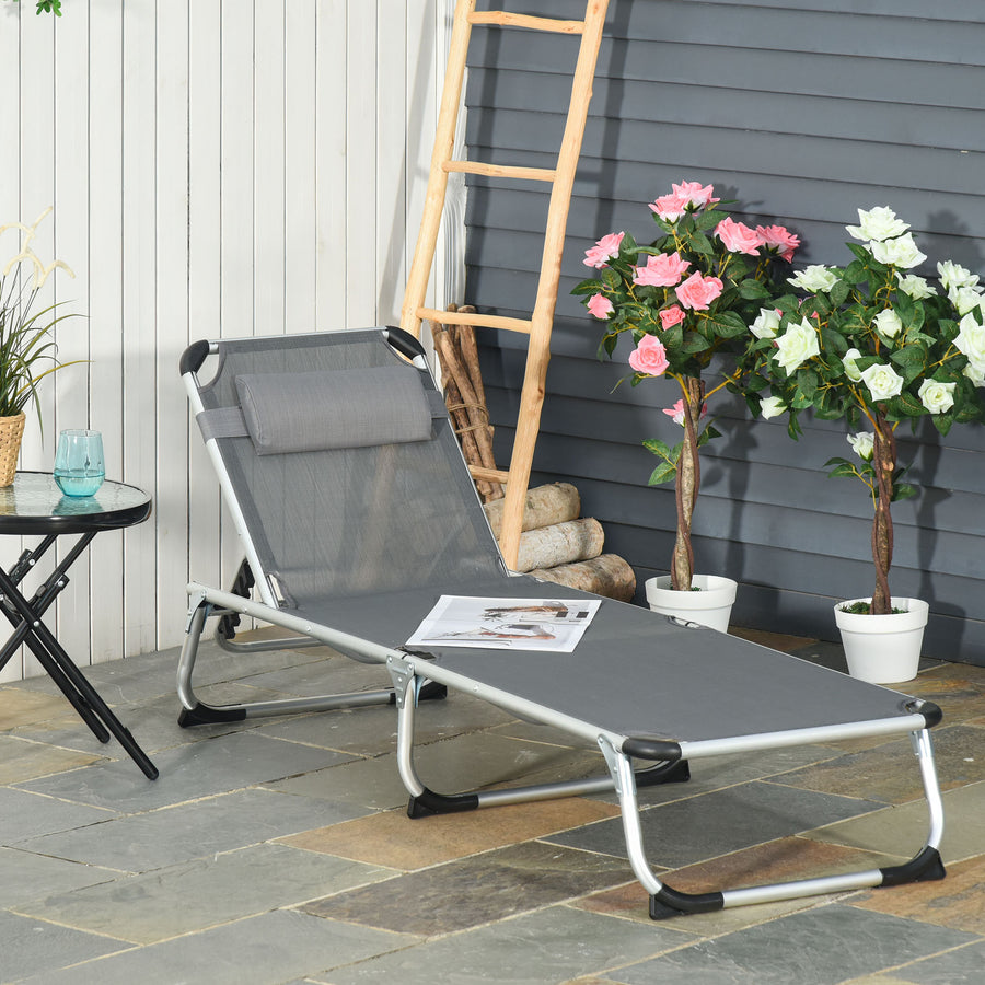 Foldable Outdoor Sun Lounger, Reclining Lounge Chair Camping Bed Cot with Pillow 4-Level Adjustable Back Aluminium Frame, Dark Grey