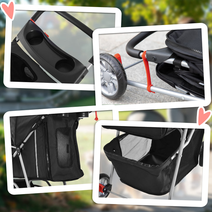 Dog Stroller, 3 Wheels Foldable Cat Dog Pram with Cup Holder, Storage Basket, Pet Stroller for Small Miniature Dogs, Black