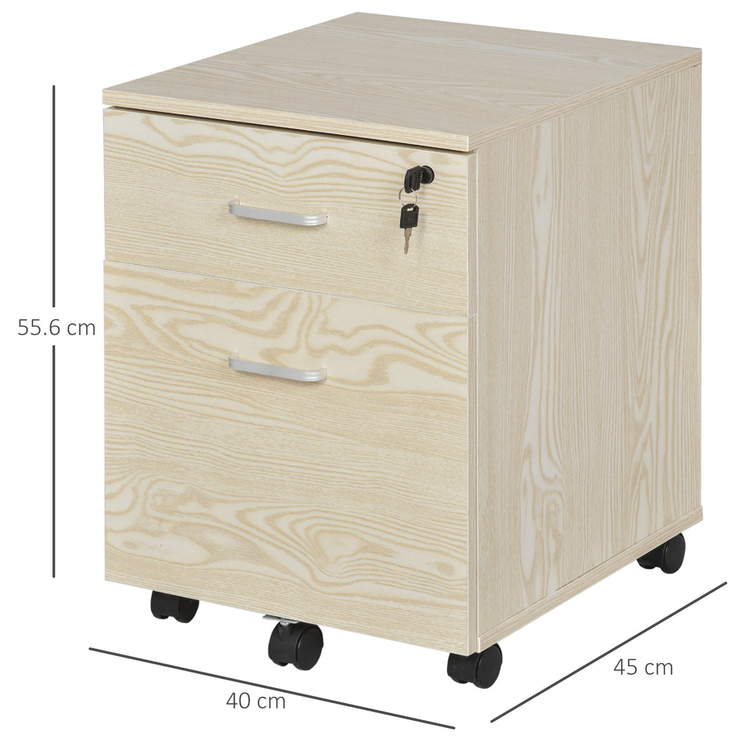 2-Drawer Locking Office Filing Cabinet w/ 5 Wheels Rolling Storage Hanging A4 Cupboard Home Organisation, Oak Wood Grain