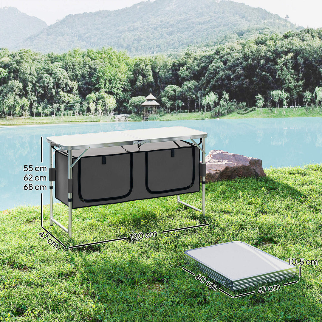 MCL 4ft Folding Camping Cupboard Kitchen, Height Adjustable Aluminium Camping Table with Storage, Lightweight Picnic Table for Outdoor Garden BBQ Party
