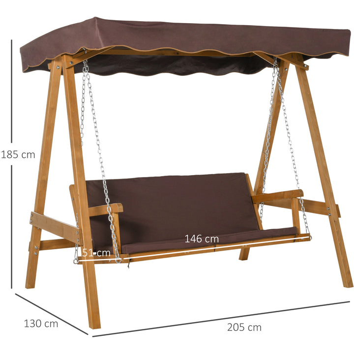 3 Seater Garden Swing Seat Outdoor Swing Chair with Adjustable Canopy, Wooden Hammock Bench with Padded Cushions for Patio Yard, Brown