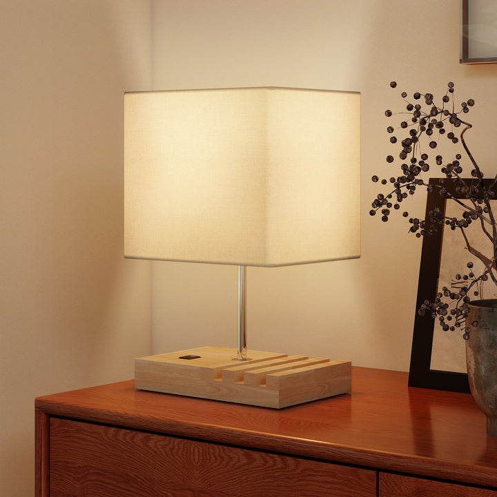 Bedside Lamp with USB A+C Charging Ports and 3 Phone Stands, Modern Table Lamp with Solid Wood Base and Fabric Shade for Bedroom Living Room Office, E27 Socket, Bulb Not Included