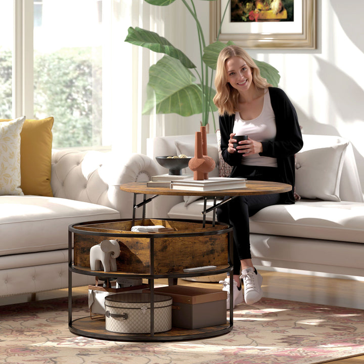 Lift Top Coffee Table, Round Coffee Table with Storage Shelf, Hidden Compartment and Steel Frame for Living Room, Home Office, Brown