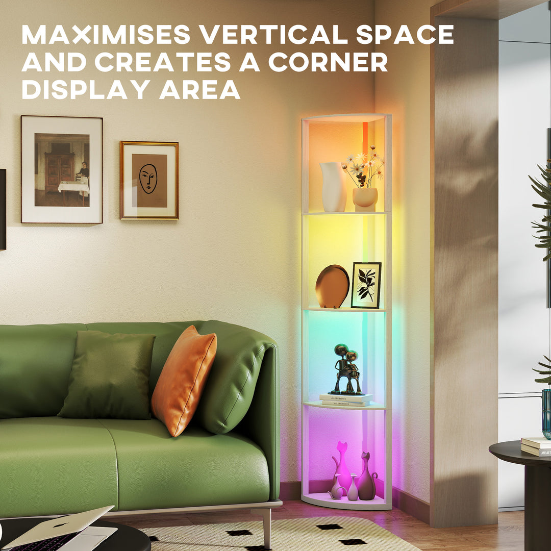 RGB LED Floor Lamp with Shelves, 5-Tier Dimmable Standing Lamp with Adjustable Brightness and Remote Control, Modern Corner Display Shelf Unit for Living Room Bedroom Office, Oak