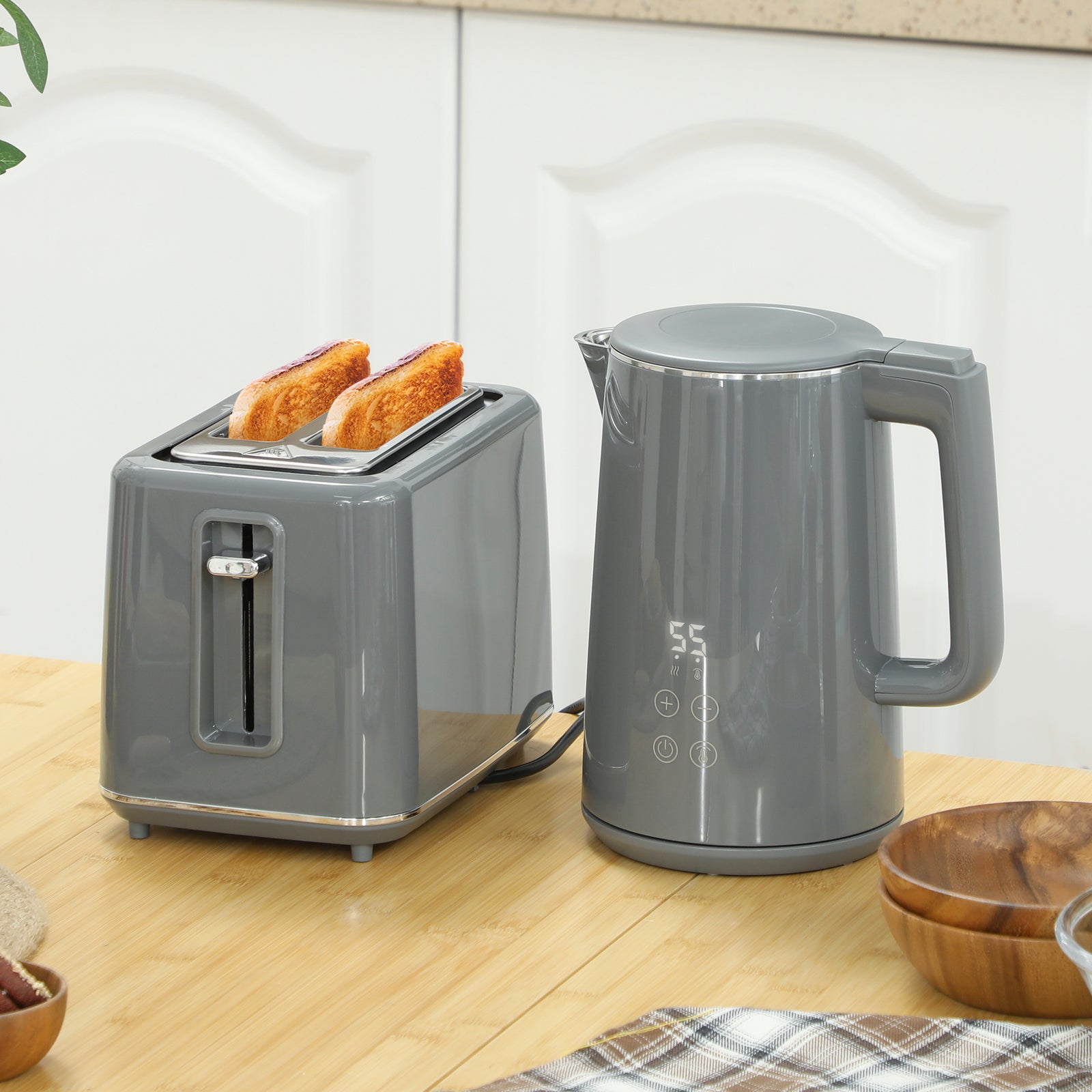 Digital Kettle and Toaster Set, 1.5L 3000W Fast Boil Kettle, 2 Slice Toaster Kitchen Set with 7 Level Browning Controls, Defrost, Reheat, Keep Warm, Crumb Tray and LED Touch Display, Grey