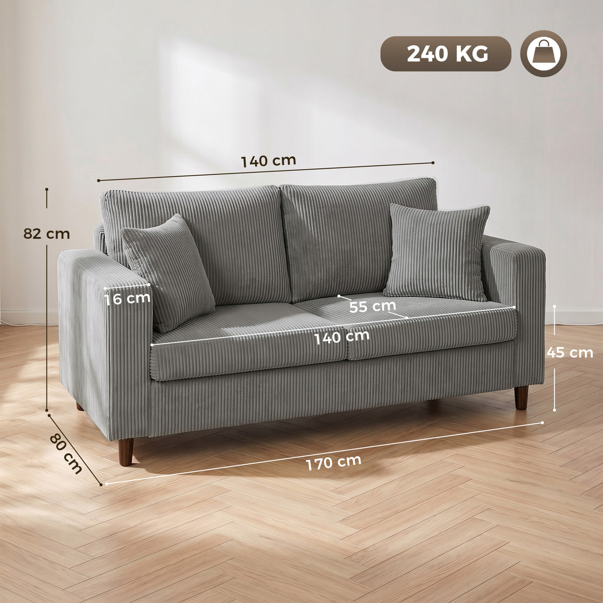 Loveseat Sofa with Wide Seat, Corduroy 2 Seater Couch with Deep Seat, 