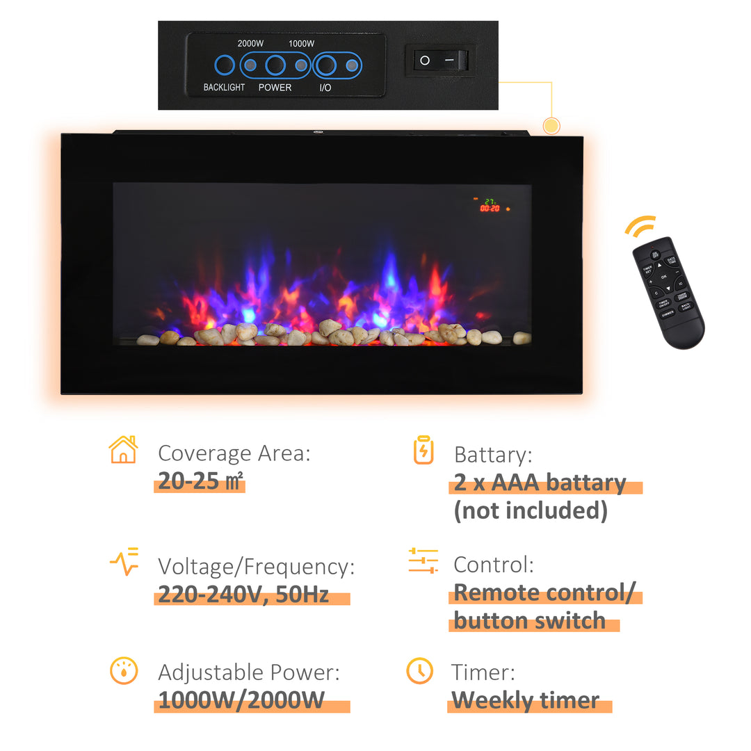 HOMCOM 1000W/2000W LED Electric Fireplace w/ Automatic Function Remote Faux Flame Wall Home Heater Backlight Timer Sleek Stylish