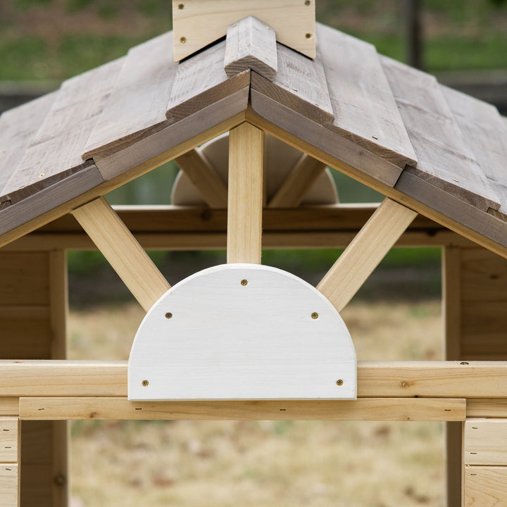 Wooden Playhouse for Kids Outdoor Wendy House with Door, windows, Bench, Service Stations, Flowerpot Holder, For Ages 3-7 Years