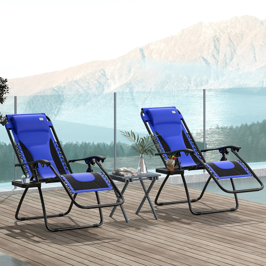 Zero Gravity Lounger Chair Set of 2, Folding Reclining Patio Chair with Padded Seat, Cup Holder, Soft Cushion and Headrest for Poolside, Camping, Blue