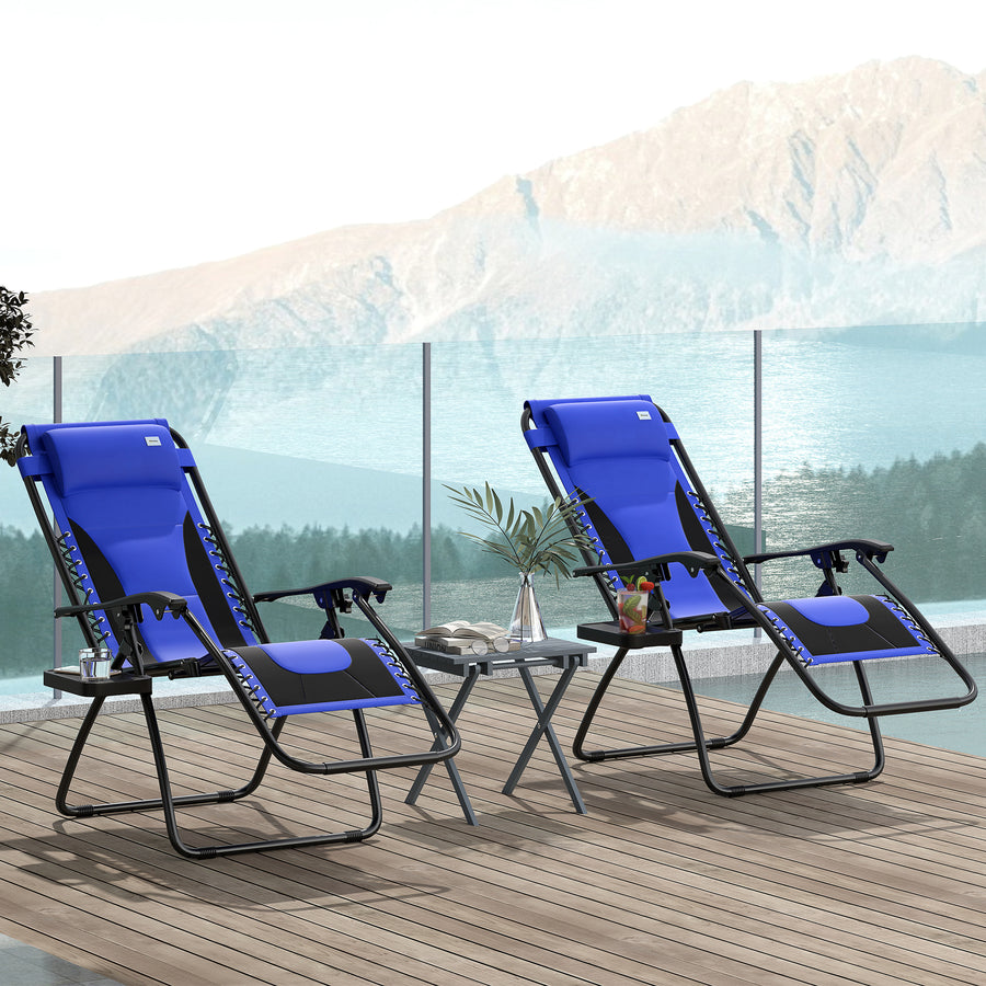 Zero Gravity Lounger Chair Set of 2, Folding Reclining Patio Chair with Padded Seat, Cup Holder, Soft Cushion and Headrest for Poolside, Camping, Blue