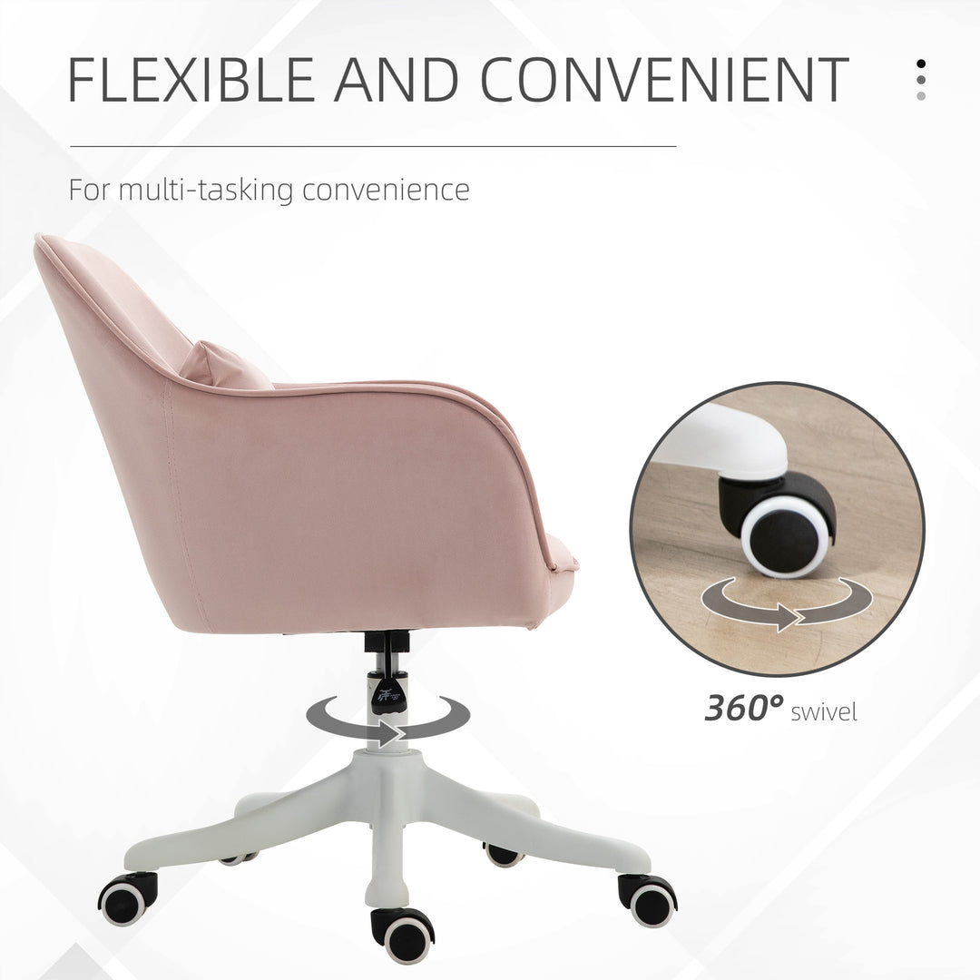 Velvet Office Chair, Desk Chair, Makeup Vanity Chair with Massage Lumbar Pillow and Rolling Wheels for Bedroom and Home, Pink