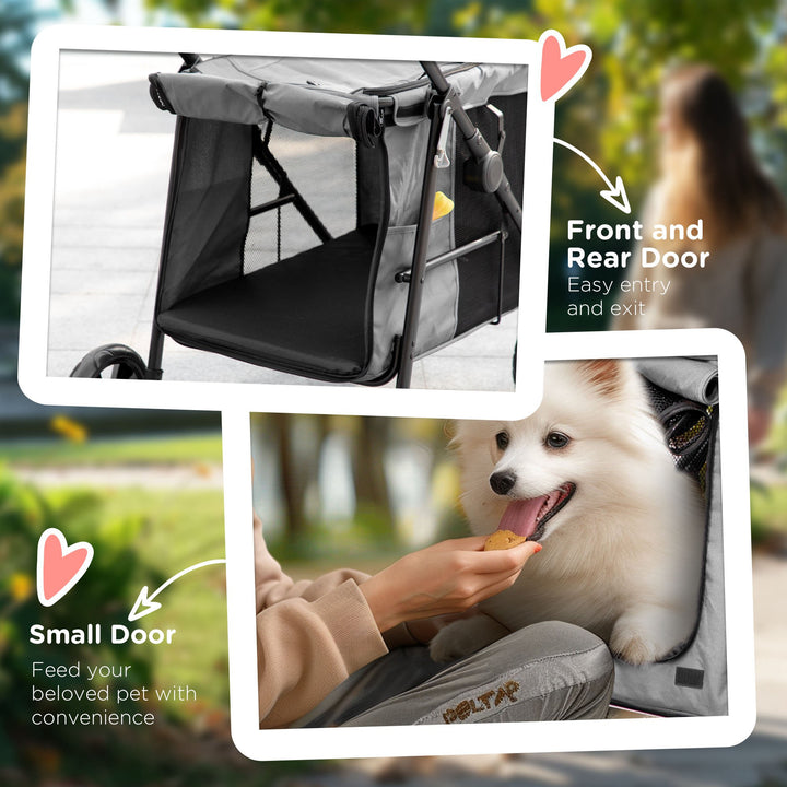 Pet Stroller for Medium Dogs Cat Pushchair Buggy Pram with 4 Wheels Safety Leash Zipper Doors Mesh Windows Storage Bag - Grey