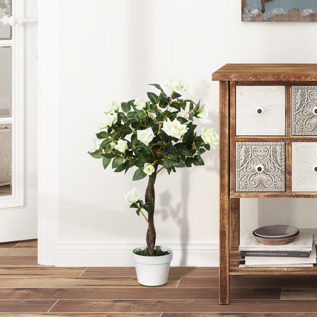 MCL Artificial Plants White Rose Floral in Pot, Fake Plants for Home Indoor Decor, 90cm