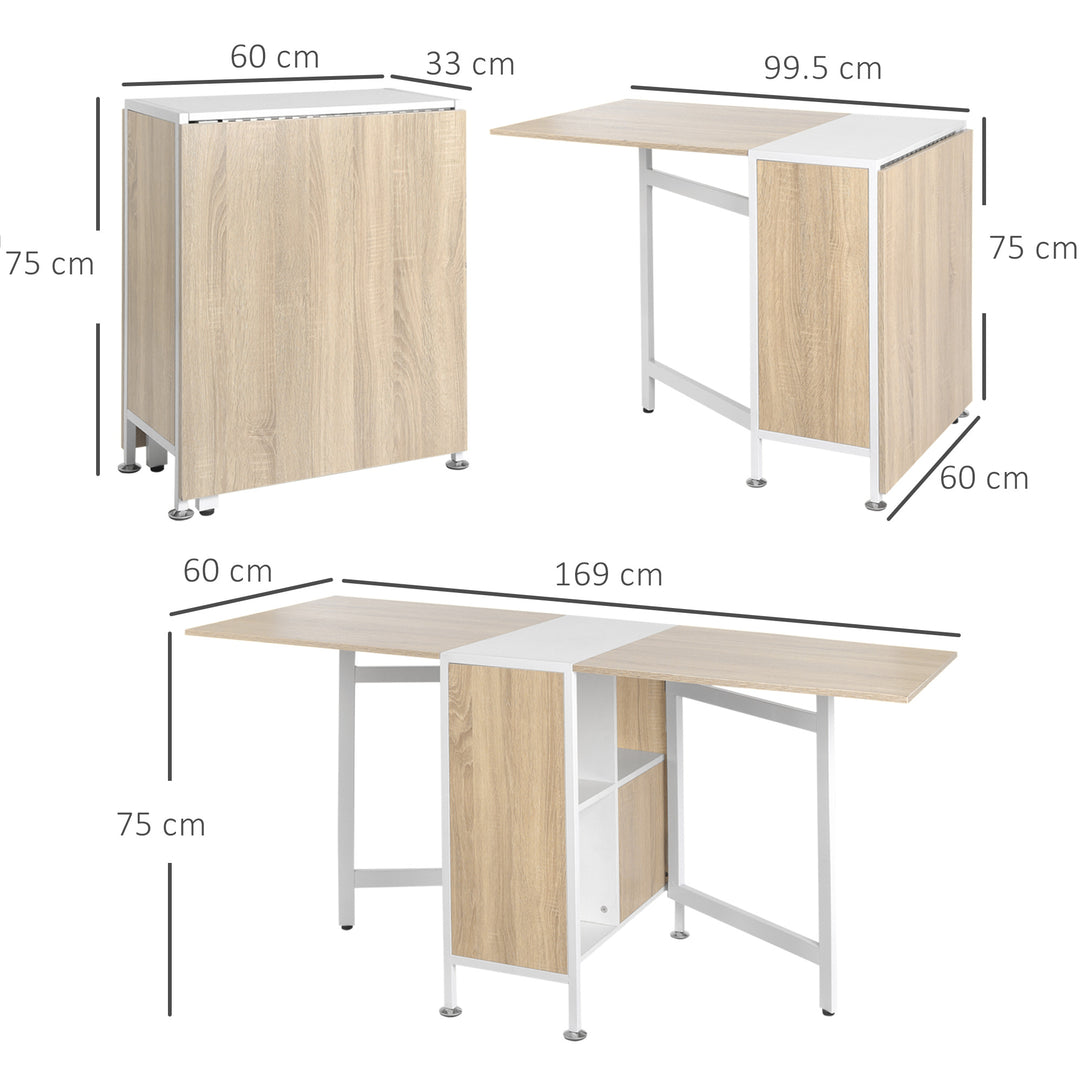 MCL Foldable Drop Leaf Dining Table Folding Workstation for Small Space with Storage Shelves Cubes Oak & White