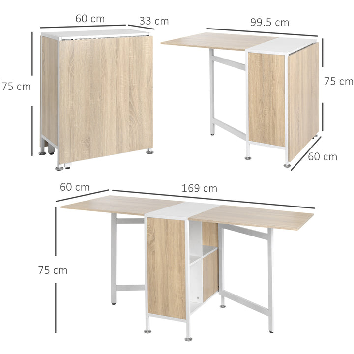 MCL Foldable Drop Leaf Dining Table Folding Workstation for Small Space with Storage Shelves Cubes Oak & White