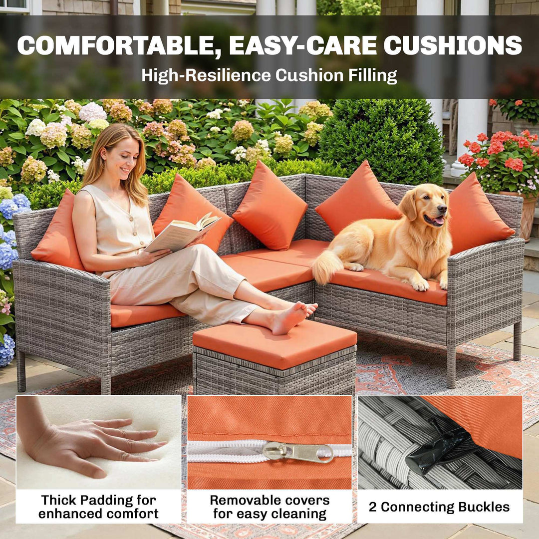 6-Seater Rattan Dining Set Sofa Table Footstool Outdoor w/ Cushion Gar