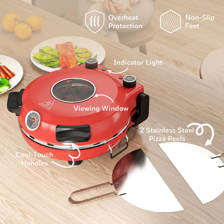 1200W Pizza Oven, 12 Inch Electric Pizza Maker with Viewing Window, Dual Knob Temp & Timer Control, Overheat Protection, Red