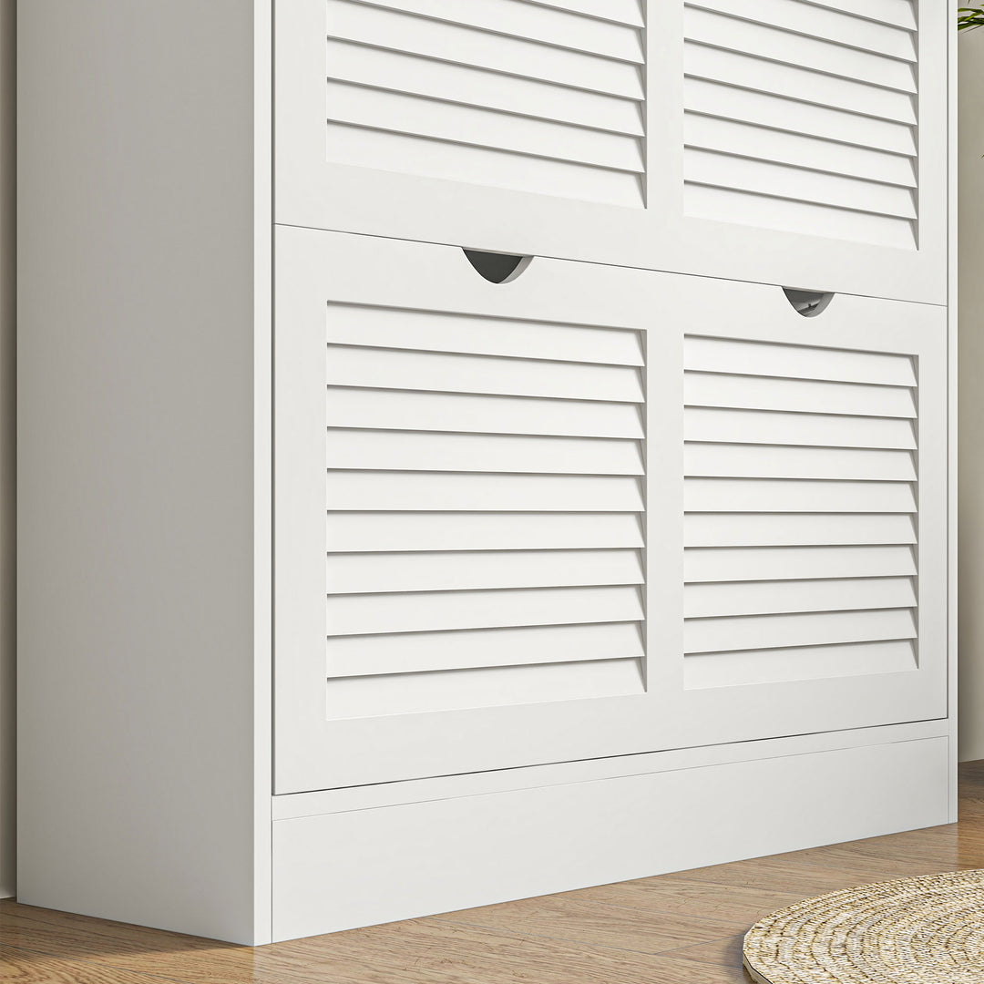 2 Drawers Entryway Shoe Cabinet, Narrow Shoe Storage Cabinet with 2 Flip Drawers, Louvred Door Design and Adjustable Shelves for 16 Pairs of Shoes, White
