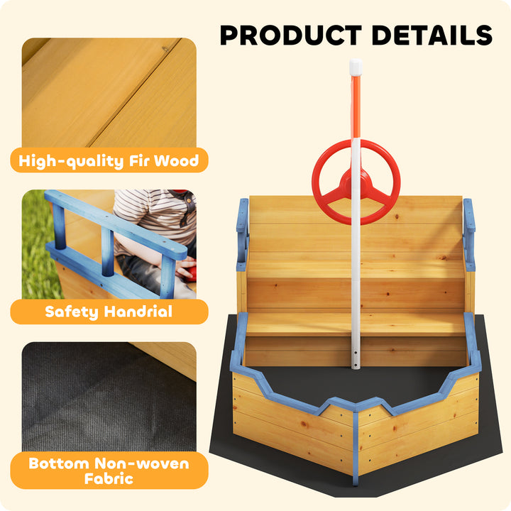 Sand pit Kids Children Sandpit Wooden Pirate Ship Sandboat Outdoor Backyard Playset w/Bench Bottom Liner