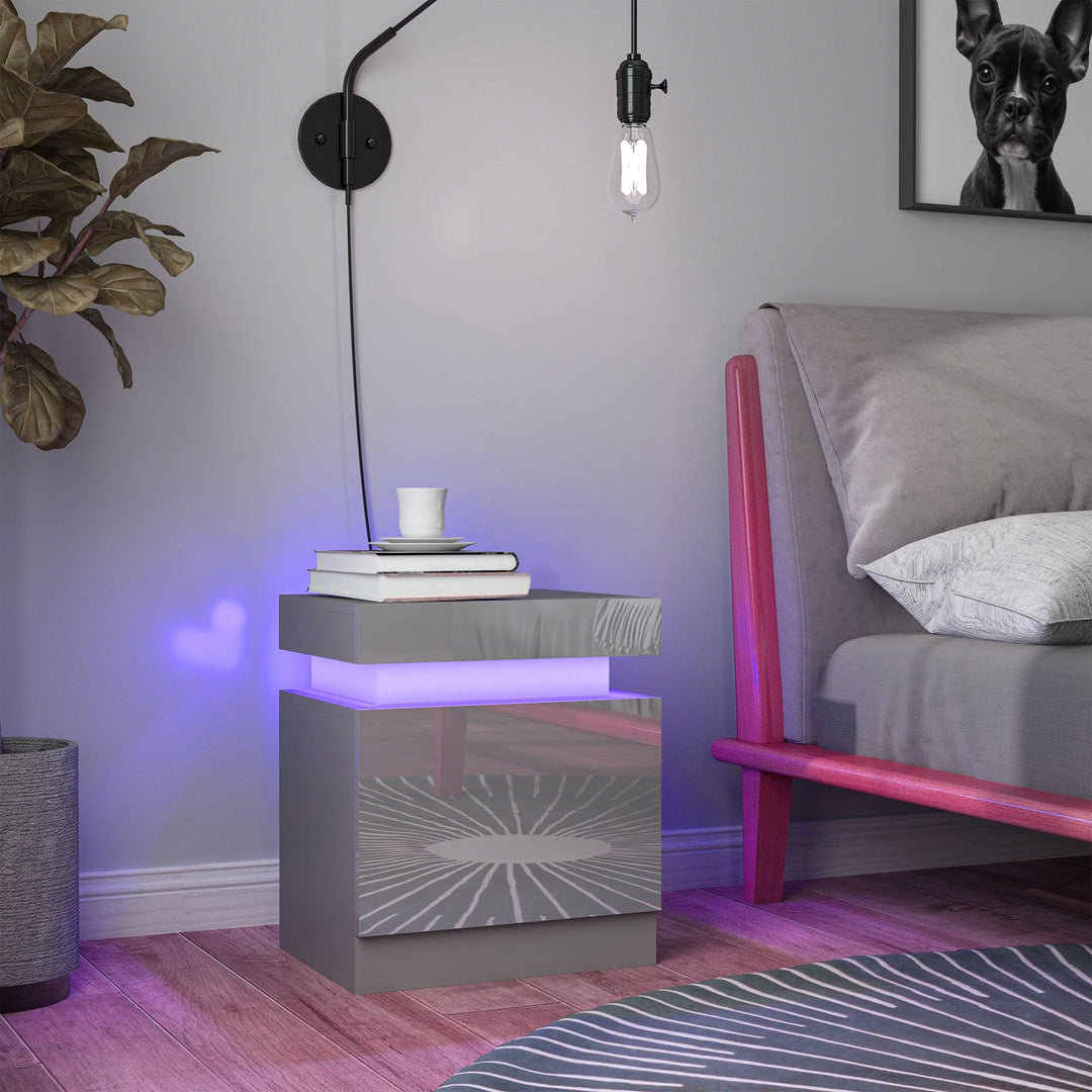 Grey Bedside Table with LED Light, High Gloss Front Nightstand with 2 