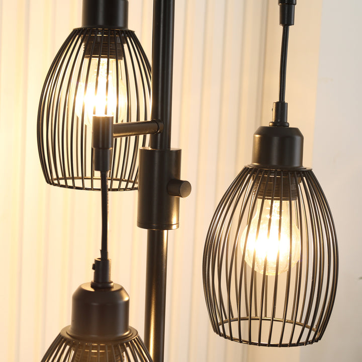 3-Light Floor Lamp, 170cm Industrial Dimmable Standing Lamp with Steel Wire Cage Lampshades for Living Room, Bedroom, Dining Room, Study, Black
