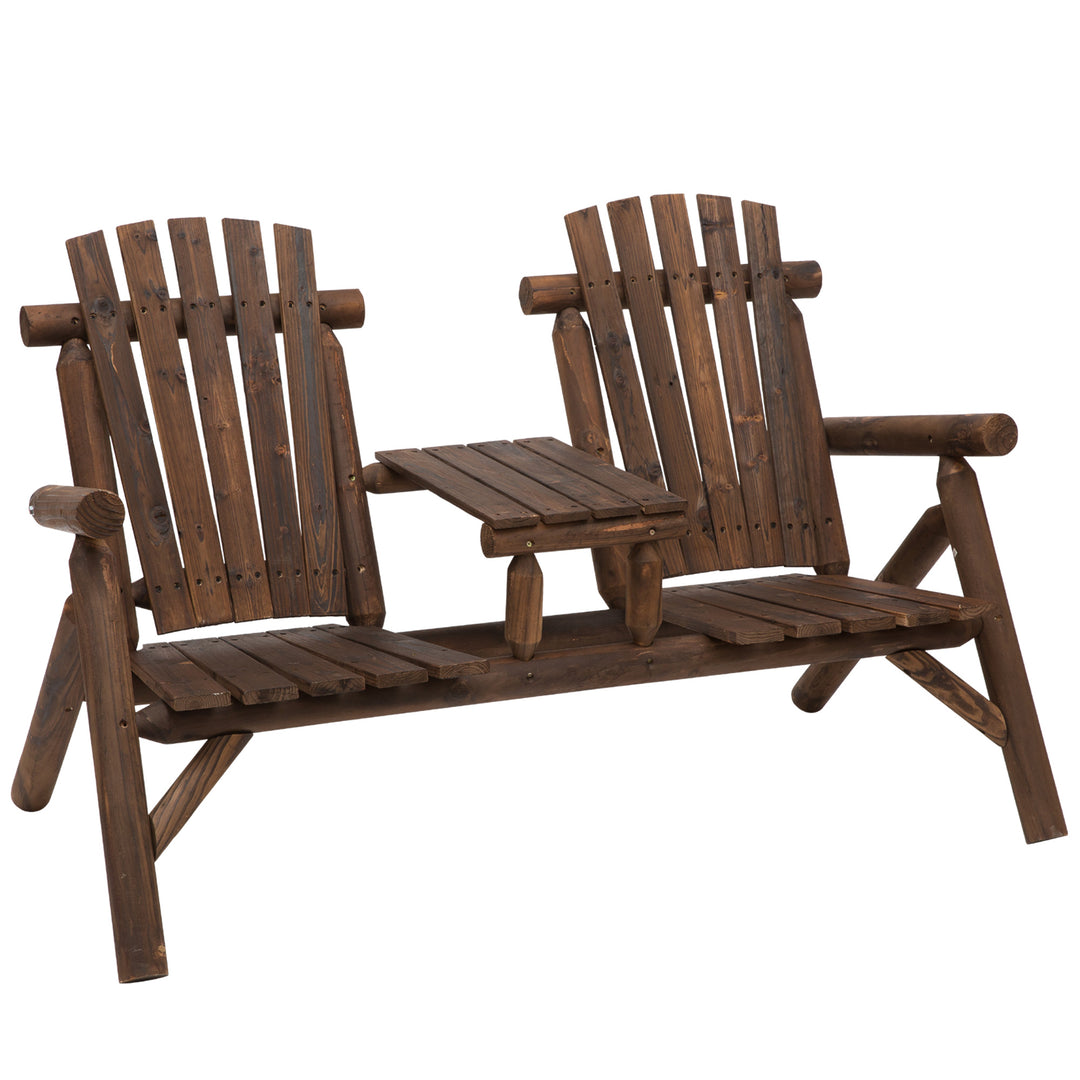 Wood Patio Chair Bench 2 Seats Jack and Jill Seat w/ Center Coffee Table, Garden Bench, Carbonized