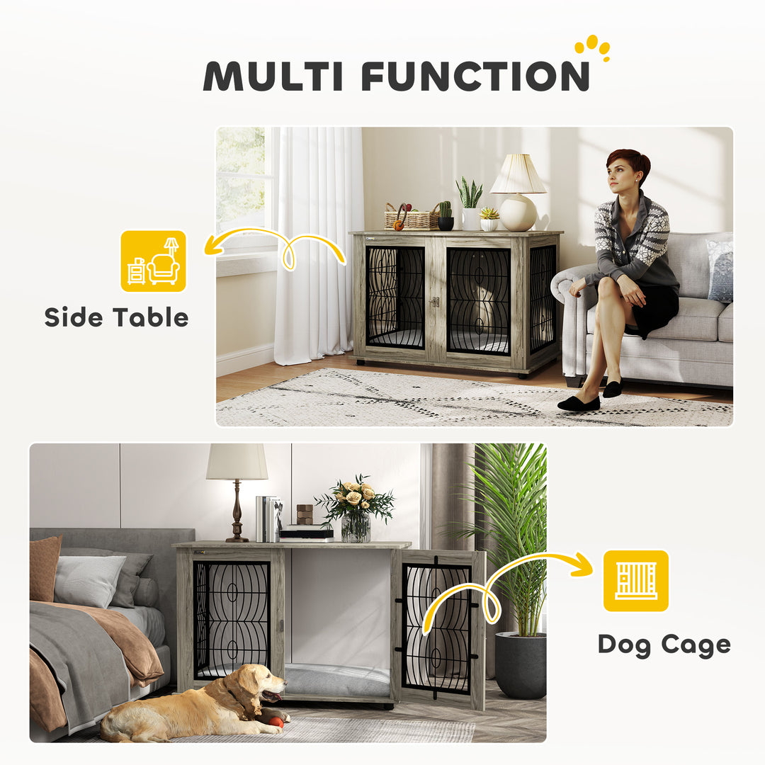 Indoor Dog Crate Furniture End Table with Soft Washable Cushion, Lockable Front Door, for Extra Large Dogs - Grey