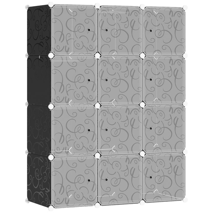Portable Wardrobe for Bedroom, 12 Cube Closet with 2 Hanging Rails, Modular Storage Cabinet, Plastic Armoire for Space Saving, White and Black