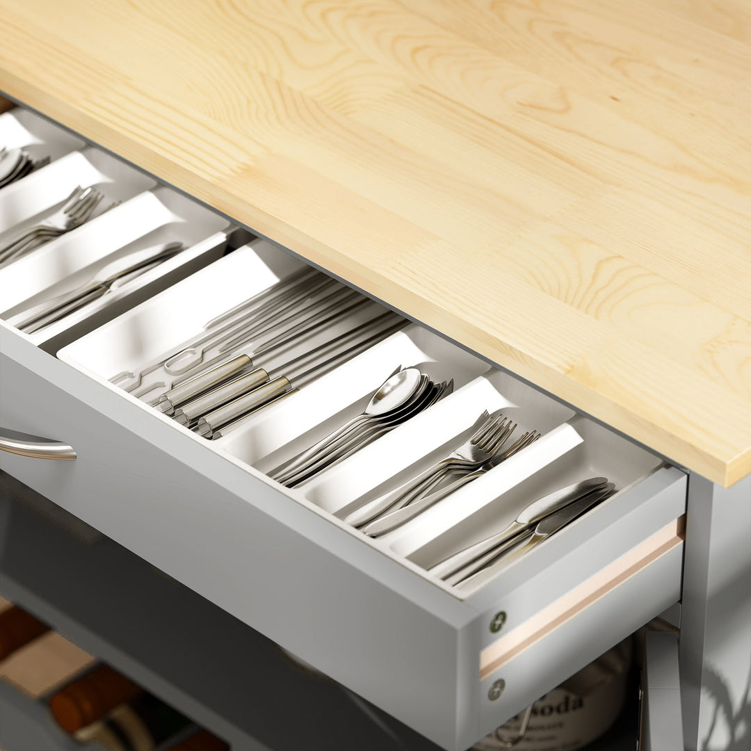 MCL Modern Kitchen Trolley, Rolling Island Storage Cart with Drawer, 9-bottle Wine Rack, Door Cabinets, Wooden Countertop, Grey