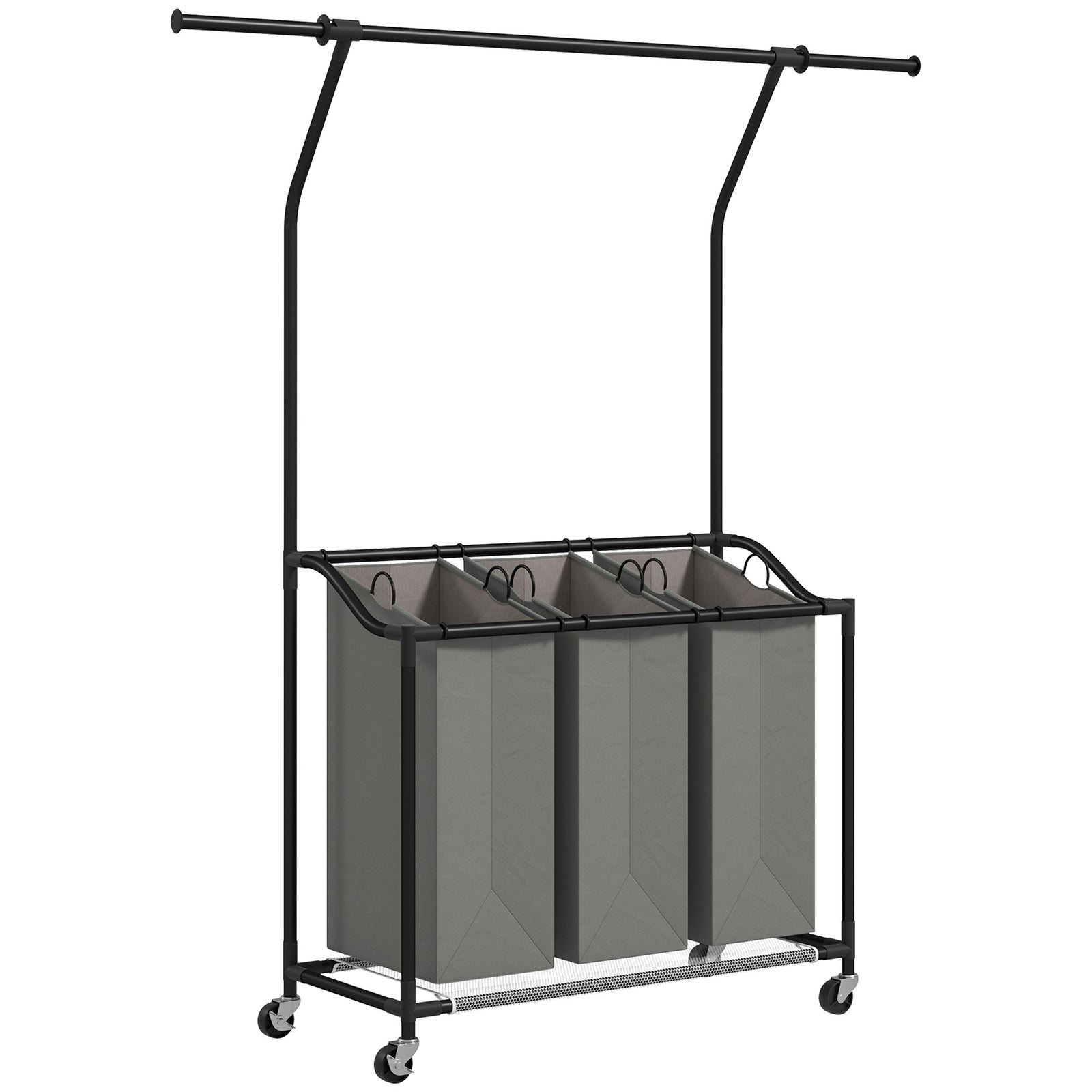 3x 42L Laundry Basket Unit, with Hanging Rail - Black/Grey