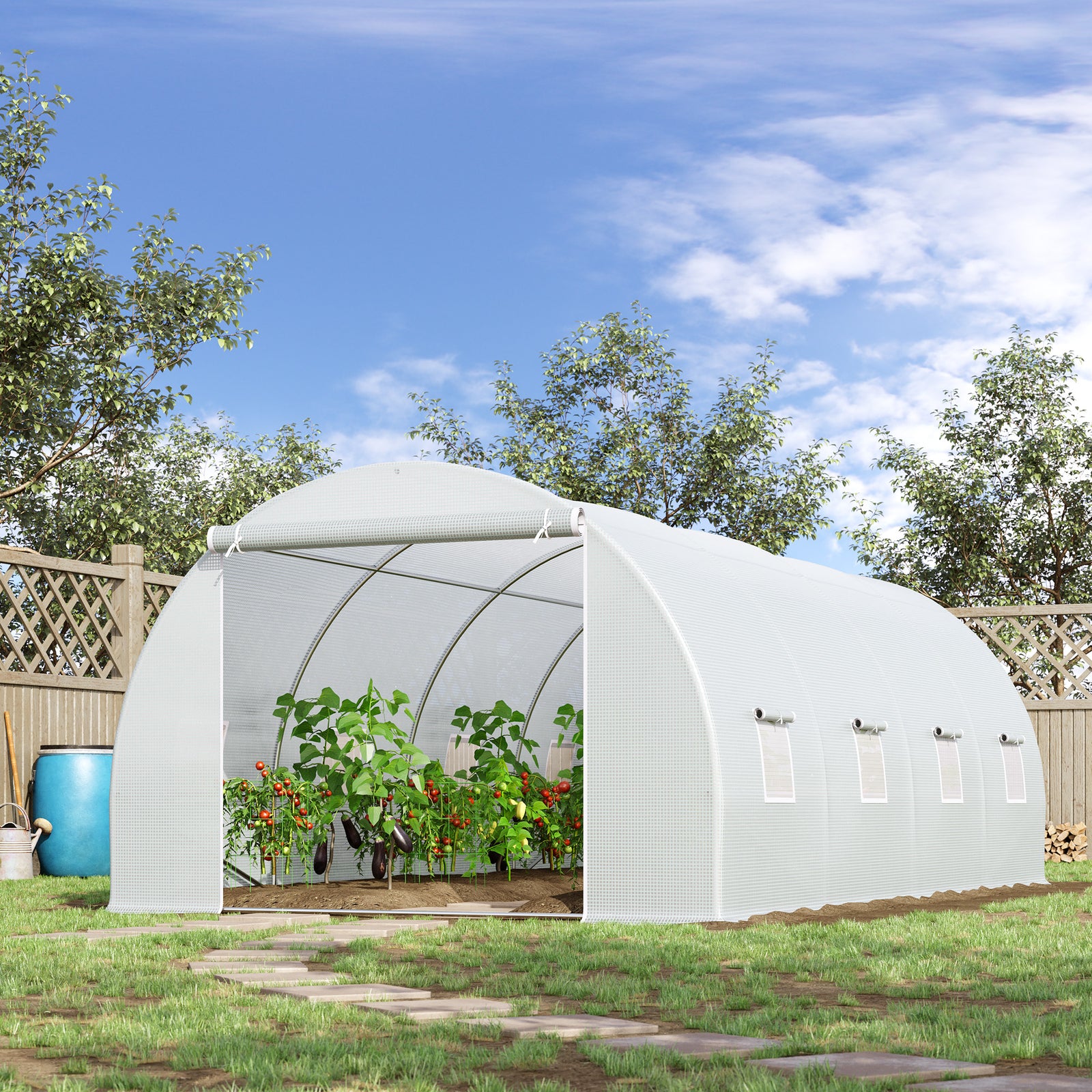 6 x 3 x 2 m Polytunnel Greenhouse, Walk in Polytunnel Tent with Metal Frame, Zippered Door and 8 Windows for Garden and Backyard, White